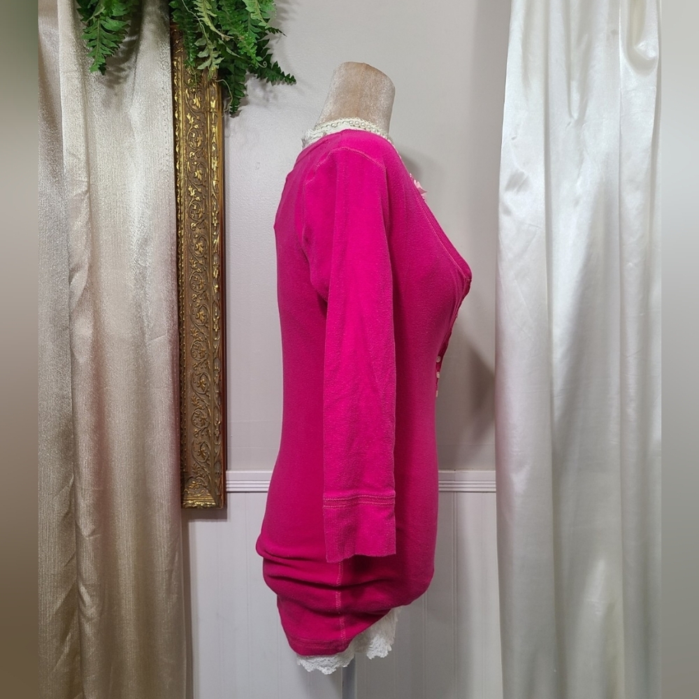 ♡ Y2K ♡ Abercrombie Hot Pink Button Down Babydoll Henley Top - Picture 5 of 11